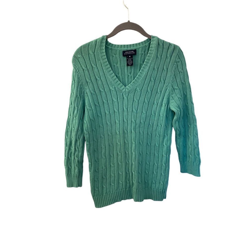 Jones New York women’s green Cableknit pullover sweater size medium ￼